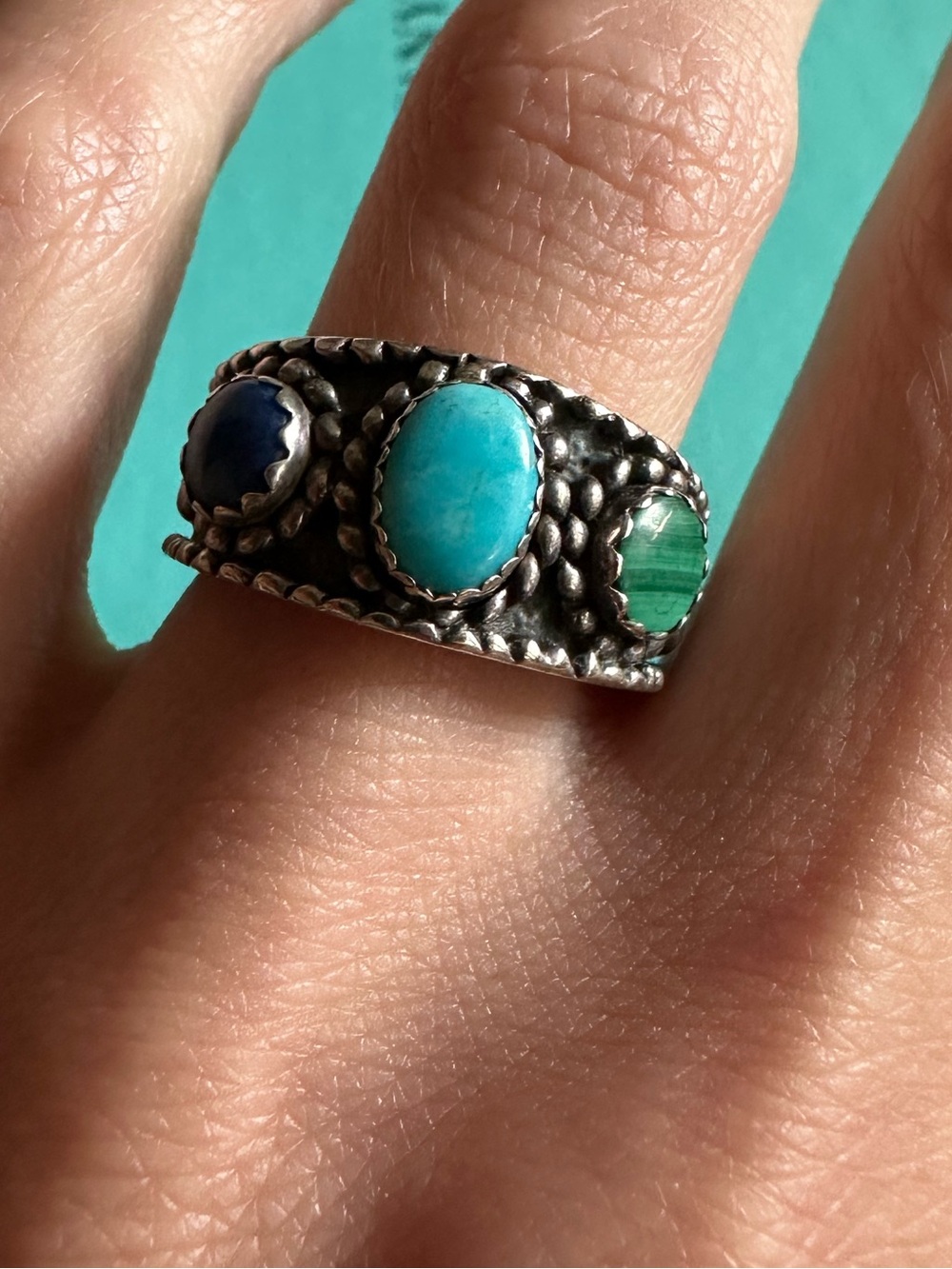 Vintage Native Sterling Lapis Turquoise Malachite Ring Size 6